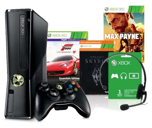 Xbox 360 Slim Console 250GB (Matte Black) + Forza Motorsport 4 Essentials  Edition + The Elder Scrolls V: Skyrim (DLC) + Max Payne 3