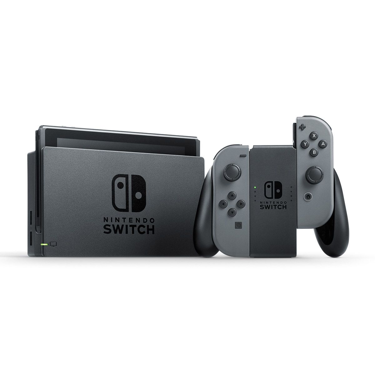 Nintendo switch in gray with top mario kart game and accessories