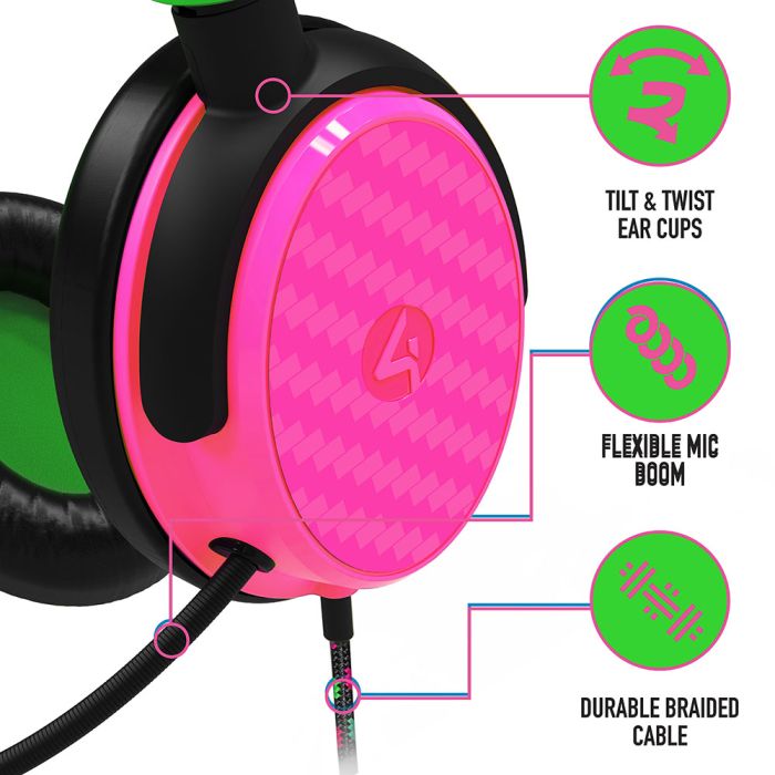 4Gamers C6 100 Universal Wired Gaming Headset Green Pink