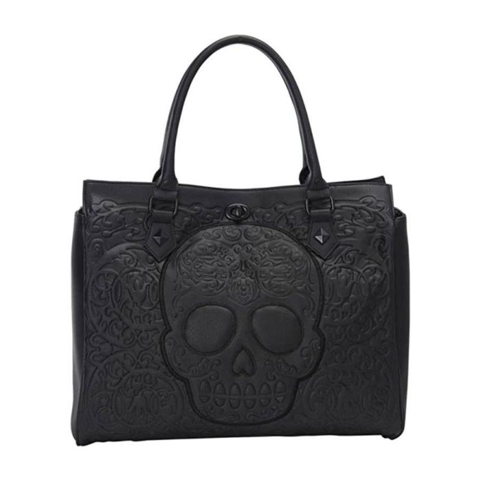 Loungefly Black on Black Lattice Skull 14 Faux Leather Tote Bag