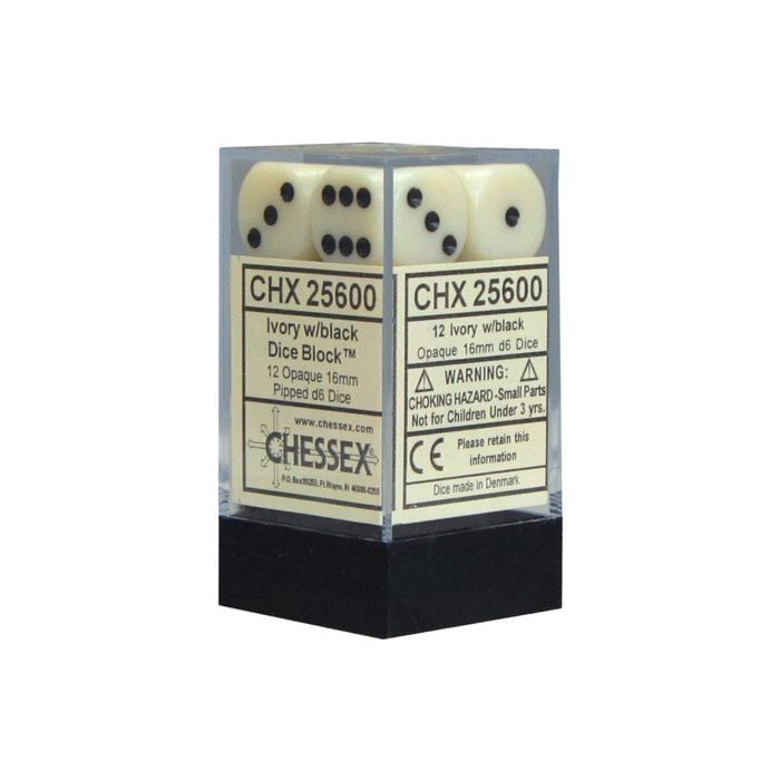 Chessex Opaque Würfel – 12 Stück 16mm D6 Mit Punkten (Ivory Mit Schwarz) Für Brettspiele & RPG