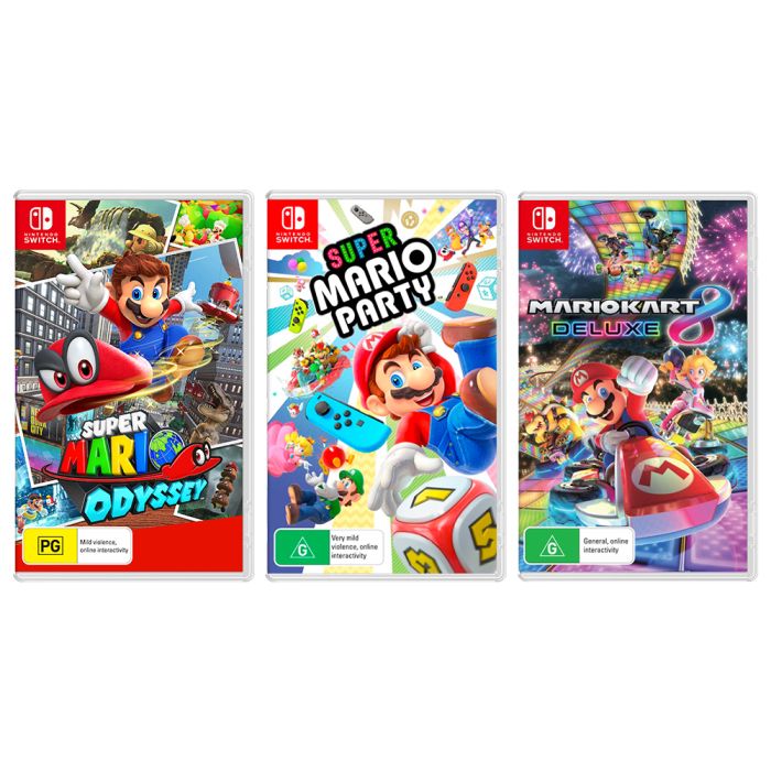 Super Mario Odyssey with Super Mario Party Mario Kart 8 Deluxe Bundle