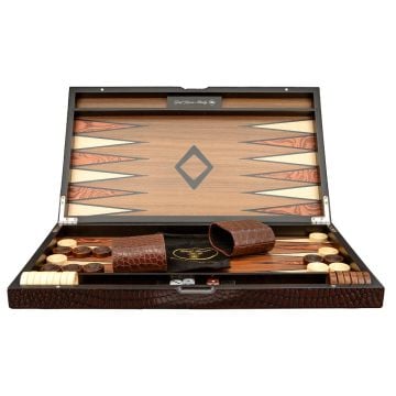 Dal Rossi Italy Backgammon Wooden Crocodile Engraved Design Dark Brown 18" Board Game (Image 1)