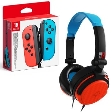 Nintendo Switch Joy-Con Controller Set with 4Gamers C6-50 Wired Gaming Headset Neon Blue & Red Bundle