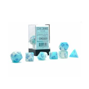 Chessex Gemini Gel Pearl Turquoise-White/Blue Luminary 7 Die Set CHX 26465