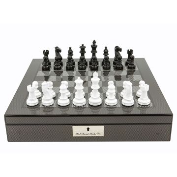 Dal Rossi Italy Carbon Fibre Shiny Finish Chess Box 16” With Black And White Chess Pieces