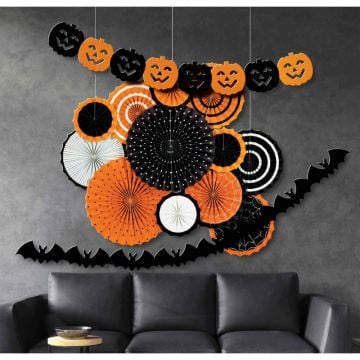 Halloween Classic Orange and Black Paper Fan Room Decorating Kit