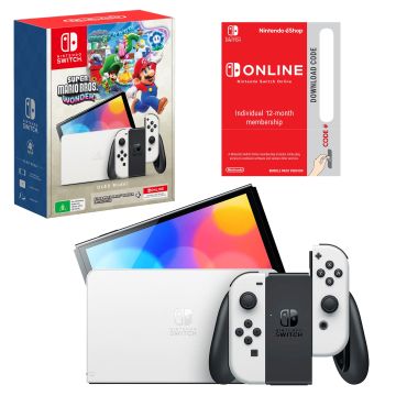 Nintendo Switch OLED Model White Console with Super Mario Bros. Wonder & 12 Months Online Membership