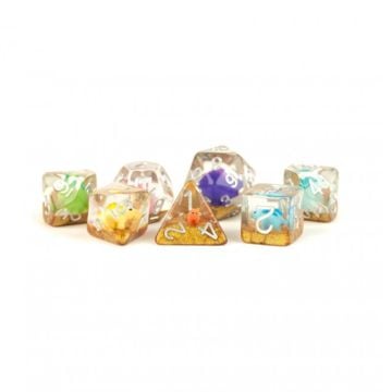 MDG Resin Polyhedral Dice Set 16mm Infused Rainbow Dinosaur