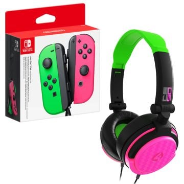 Nintendo Switch Joy-Con Controller Set with 4Gamers C6-50 Wired Gaming Headset Neon Green & Pink Bundle