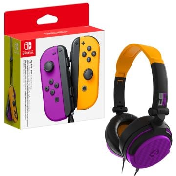 Nintendo Switch Joy-Con Controller Set with 4Gamers C6-50 Wired Gaming Headset Neon Orange & Purple Bundle