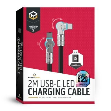 Powerwave 2M USB-C LED Charging Cable with Adjustable Head and USB-A Adapter for Nintendo Switch 2